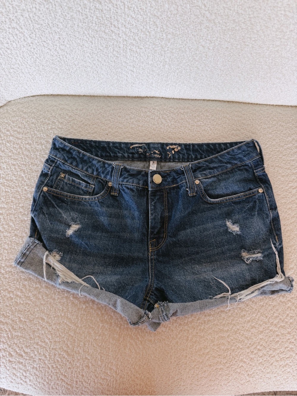 7 for All Mankind Distressed Dark Blue Denim Shorts